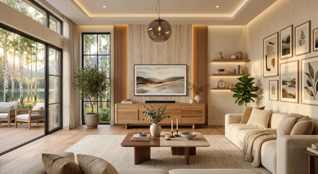 A premium Scandinavian living room showcasing a handcrafted solid oak and walnut TV console, natural wood grain, oversized gallery wall, travertine coffee table, linen sofa, artisan ceramics, warm lighting, and panoramic Nordic scenery.