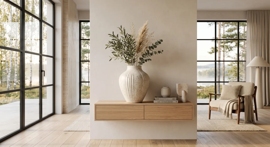A refined Scandinavian sideboard styled with an artisan ceramic vase featuring a textured ivory speckled glaze beside luxury design books, travertine accessories, and natural oak décor. Soft sunlight highlights the handcrafted texture while creating an elegant layered vignette with earthy Nordic tones.