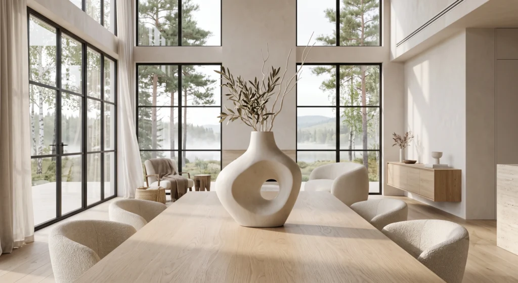 A premium Scandinavian dining room where one oversized sculptural ceramic vase becomes the dramatic centerpiece on a travertine dining table. Minimal décor, elegant boucle dining chairs, soft linen curtains, and expansive black-framed windows create a peaceful luxury interior where the statement vase commands attention.