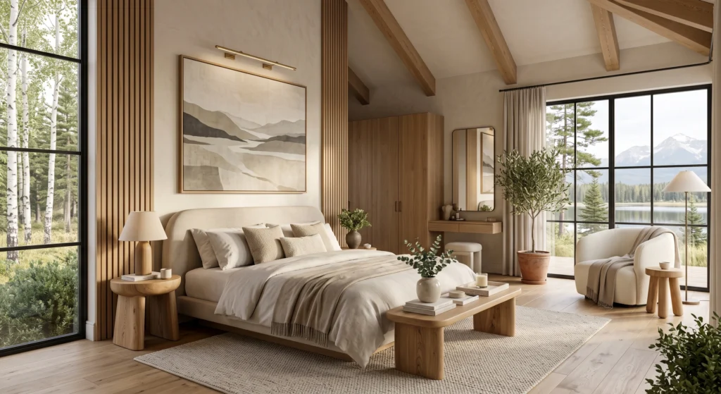 A relaxed Boho-Scandinavian bedroom where handcrafted solid oak stools replace traditional bedside tables beside a floating linen bed. Oversized gallery-style wall art, limewash walls, Italian travertine accessories, soft textiles, woven rugs, and abundant natural light create an inviting bedroom that blends simplicity with understated luxury.