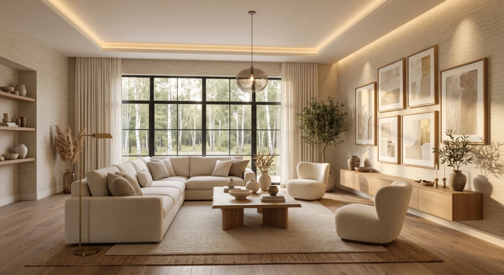 Luxury Scandinavian dining room featuring a soft cream and beige vertical striped wallpaper accent wall, light oak dining table, Wishbone chairs, oversized abstract wall art, warm linen curtains, matte oak flooring, minimalist pendant lighting, handcrafted ceramic décor, and bright natural Nordic sunlight.