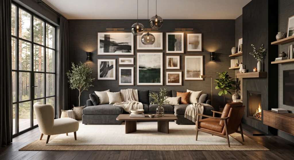 Luxury Scandinavian living room showcasing textured linen-inspired grasscloth wallpaper in warm greige, cream Belgian linen sofa, white oak furniture, oversized neutral abstract wall art, woven jute rug, handcrafted ceramics, and soft architectural lighting.