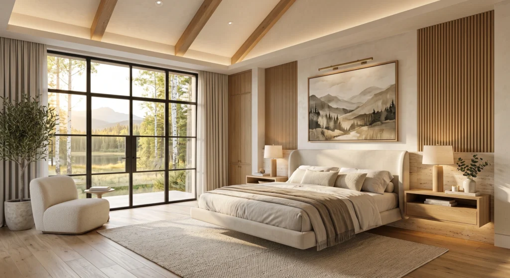 A luxurious Nordic bedroom showcasing elegant two-tier bedside tables with European White Oak shelves supported by slim champagne bronze frames. The upper level displays designer lamps and artisan décor while the lower shelf features Scandinavian books and ceramics. Oversized wall art, limewash walls, layered textiles, and panoramic forest views complete the beautifully styled bedroom.