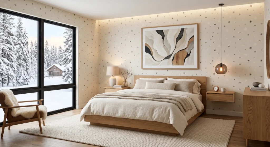 Cozy Scandinavian guest bedroom with tiny charcoal Nordic stars and snowflake wallpaper on a warm ivory background, oak bed, cream linen bedding, minimalist wall art, soft wool rug, linen curtains, and winter-inspired Nordic styling.