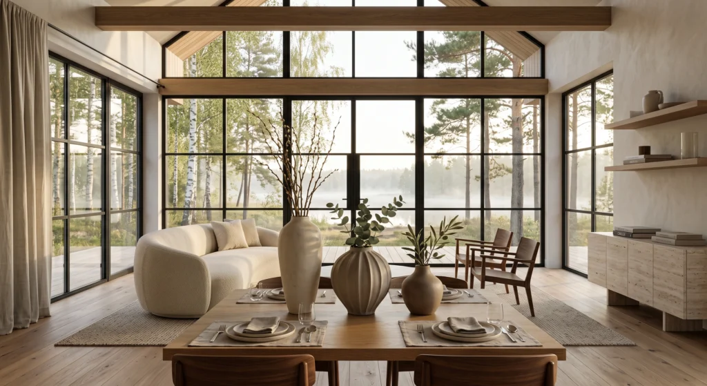 A luxury Scandinavian dining table beautifully styled with three handcrafted matte ceramic vases in graduated heights featuring warm ivory, greige, and clay finishes. The balanced arrangement includes dried botanical stems and soft natural lighting that creates a sophisticated Nordic centerpiece with clean minimalist styling.