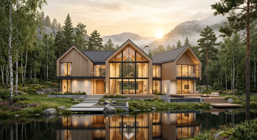 A magnificent two-story Scandinavian family home featuring dramatic double-height architecture, soaring glass walls, elegant gabled rooflines, warm European white oak cladding, oversized balconies, expansive terraces, and spectacular Nordic landscaping. The luxurious residence combines spacious family living with timeless Scandinavian minimalism and breathtaking natural surroundings.