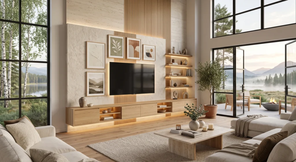 A luxurious Scandinavian living room featuring a floating oak TV unit with integrated warm LED strip lighting, illuminated stone feature wall, architectural lighting, premium wall art, cozy linen seating, and elegant Nordic-inspired décor.