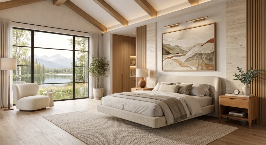 A timeless Scandinavian bedroom featuring mid-century-inspired European White Oak bedside tables with tapered legs, rounded corners, and soft-close drawers. Warm natural wood tones pair beautifully with Belgian linen bedding, oversized Scandinavian artwork, travertine accents, artisan pottery, and golden morning sunlight streaming through expansive windows overlooking birch forests.
