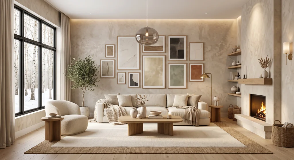 Luxury Scandinavian living room featuring handcrafted limewash-inspired wallpaper with subtle plaster texture, warm oak furniture, cream linen sofa, oversized minimalist wall art, travertine décor, woven rugs, and soft golden-hour lighting.