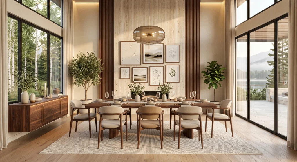 A breathtaking luxury Scandinavian dining room showcasing a dramatic solid walnut dining table with rich flowing grain, sculptural walnut dining chairs with ivory linen upholstery, oversized contemporary Nordic wall art, travertine feature wall, brushed brass lighting, elegant ceramics, floor-to-ceiling windows, and warm golden-hour sunlight.