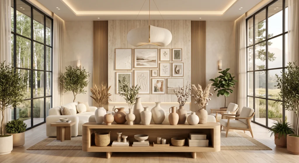 A luxurious Nordic dining room featuring ceramic vases in sand, chalk white, taupe, oatmeal, and soft clay tones arranged on a natural oak dining table with dried wheat stems. Warm Scandinavian sunlight fills the airy room, highlighting earthy textures, neutral colors, linen fabrics, and timeless minimalist styling.