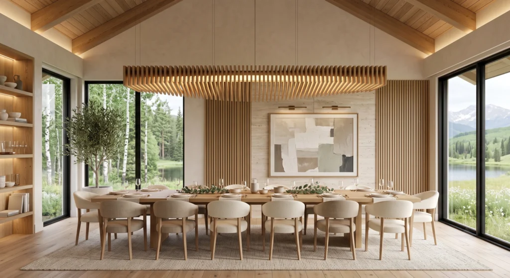 A spacious Scandinavian dining room showcasing a sleek linear wood slat chandelier suspended above a long oak dining table. Vertical timber details, oversized abstract wall art, elegant linen dining chairs, and floor-to-ceiling windows create a clean, architectural Nordic interior.