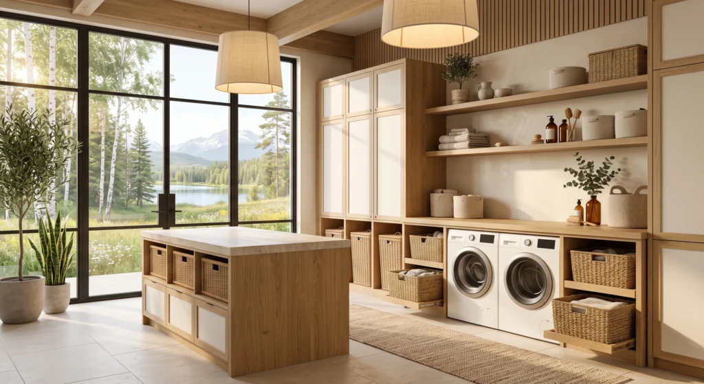 A luxury Scandinavian laundry room featuring woven seagrass baskets, cotton rope bins, and beautifully integrated hidden storage beneath oak countertops and inside custom cabinetry. Natural textures, warm wood tones, and clean architectural lines create an organized, clutter-free utility room with timeless Nordic charm.