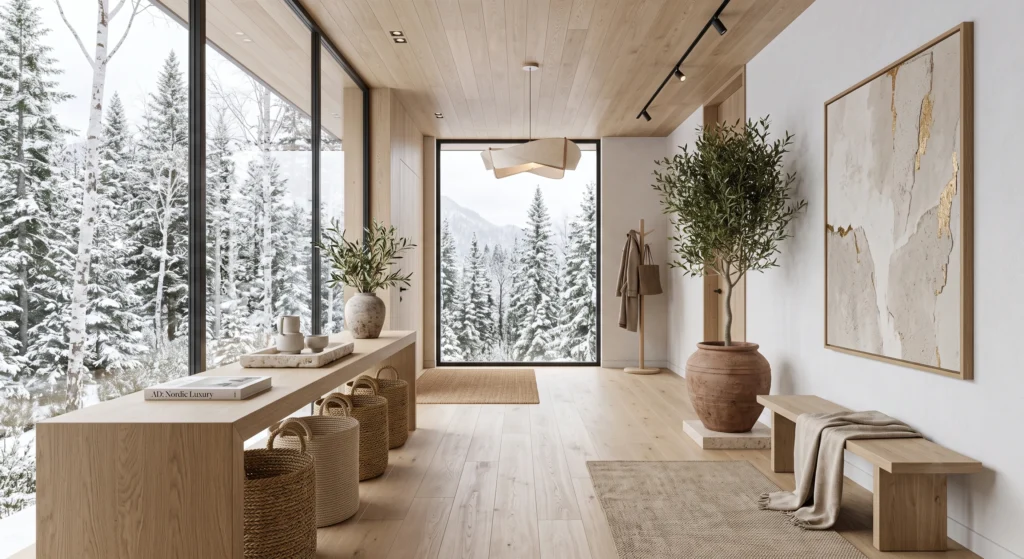 A luxury Scandinavian entryway with woven seagrass baskets beneath an oak bench, floating shelves, cream linen upholstery, oversized mirror, handcrafted ceramics, warm oak flooring, beautifully organized Nordic décor.