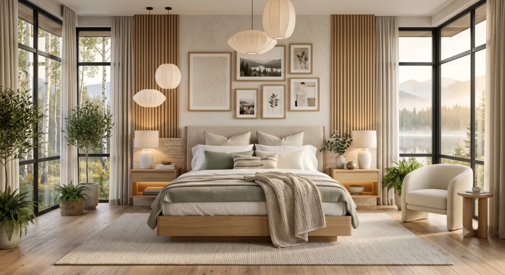 A premium Scandinavian master bedroom featuring perfectly layered Euro shams, sleeping pillows, elegant bouclé lumbar cushions, Belgian linen bedding, handcrafted solid oak bed, oversized upholstered headboard, luxury Nordic wall art, warm neutral colors, and five-star hotel-inspired styling.