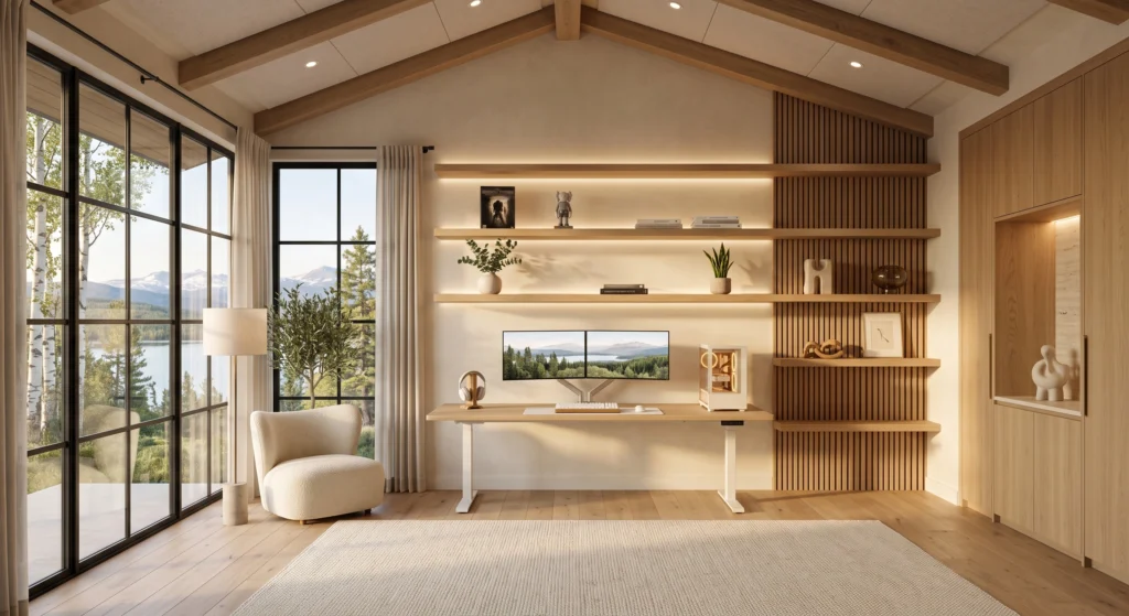 A modern Scandinavian gaming room with handcrafted floating oak shelves mounted above the gaming desk. The shelves display a carefully curated collection of favorite games, minimalist collectible figures, architecture books, handmade ceramics, and a small potted plant while leaving generous empty space for a clean gallery-like appearance.