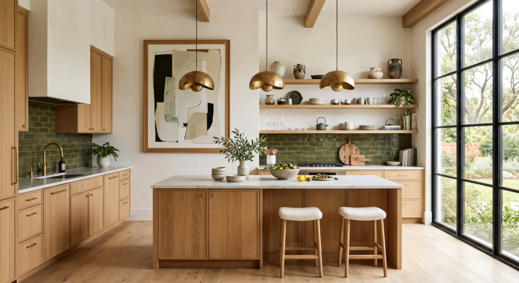 A sophisticated Scandinavian kitchen featuring handcrafted sage green zellige tile backsplash, warm oak cabinetry, premium quartzite countertops, oversized abstract wall art, and elegant brass fixtures illuminated by natural sunlight.