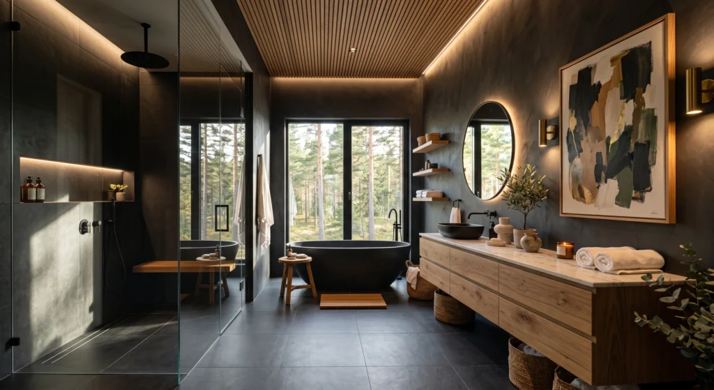 Oversized charcoal porcelain tiles wrap the walls and floor, creating a seamless, dramatic Scandinavian bathroom with a clean architectural look.
