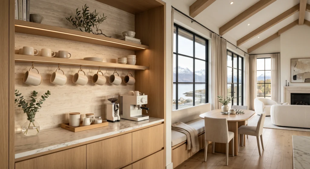 A sophisticated Scandinavian coffee station displaying a perfectly coordinated collection of handcrafted ceramic mugs in warm cream, beige, soft grey, and oatmeal tones. The matching mugs rest neatly on floating oak shelves above a minimalist espresso machine, creating visual harmony and a calm, organised coffee corner filled with natural morning light.
