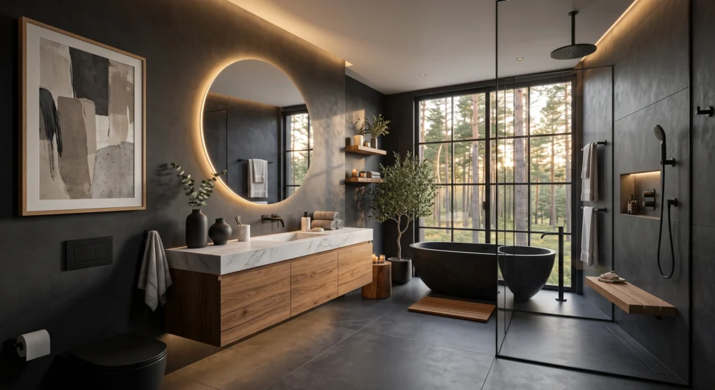 Seamless matte black fixtures blend effortlessly into the charcoal walls, giving this Scandinavian bathroom a sleek, minimalist, and sophisticated appearance.