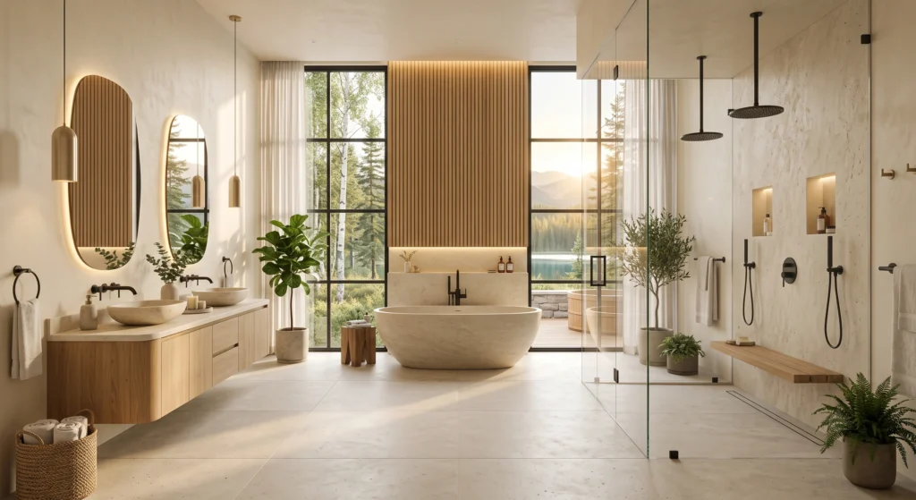 A sophisticated Scandinavian bathroom featuring brushed brass and matte black faucets, rainfall shower fixtures, floating oak cabinetry, creamy travertine countertops, natural stone walls, and refined spa-inspired luxury.