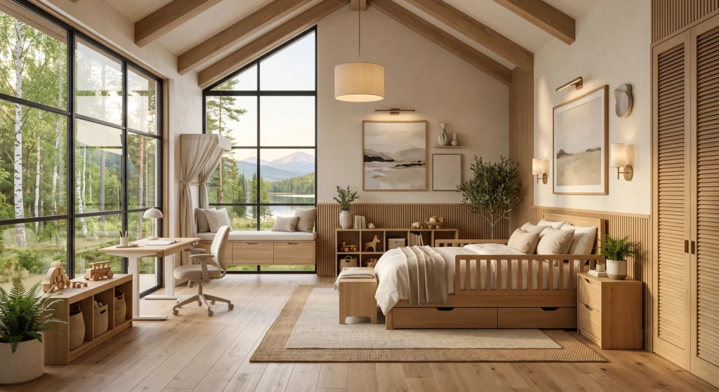 A luxury Scandinavian kids' bedroom showcasing a convertible solid oak bed, an adjustable-height study desk, a window storage bench, and beautifully integrated modular storage. Every handcrafted furniture piece is designed to evolve with the child, combining timeless Nordic craftsmanship with practical functionality and elegant minimalist styling.