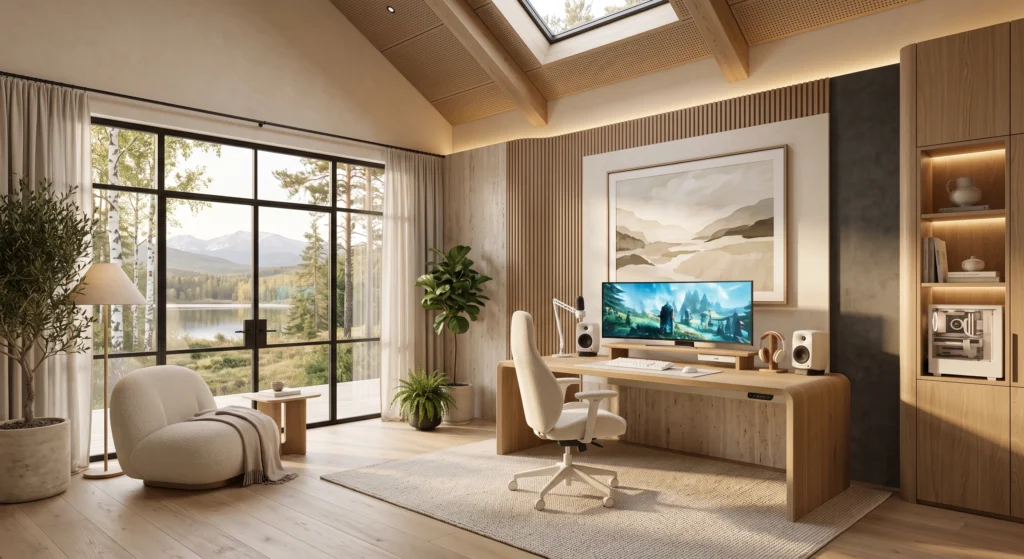 A luxurious Nordic gaming room decorated in warm white, soft greige, and light oak tones with subtle charcoal accents. A minimalist gaming desk and ergonomic chair sit against softly textured limewash walls while natural daylight fills the room. The neutral palette creates a peaceful atmosphere where the vibrant monitor display becomes the visual focal point.
