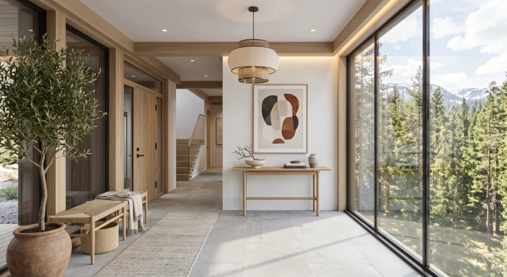 A luxurious Nordic foyer centered around an oversized sculptural smoked opal glass pendant light with brushed brass details, floating oak furniture, oversized mirror, cream linen textures, warm architectural lighting, elegant Scandinavian interior.