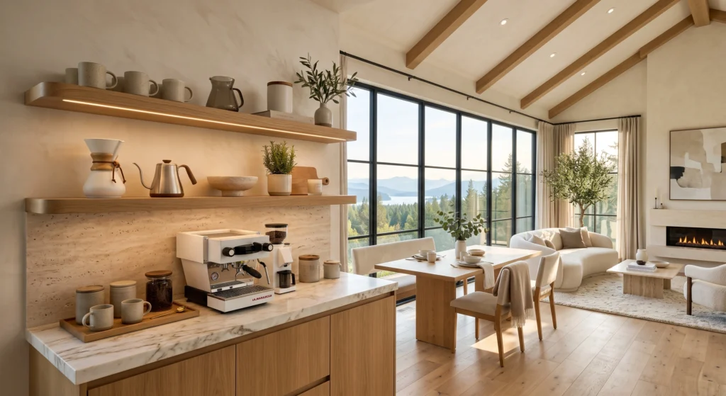 A compact Scandinavian coffee station enhanced by floating European white oak shelves displaying matching mugs, coffee jars, a linen-covered coffee book, handcrafted ceramics, and a small rosemary plant. Hidden LED shelf lighting adds warmth while the open shelving provides stylish storage without taking up valuable countertop space.