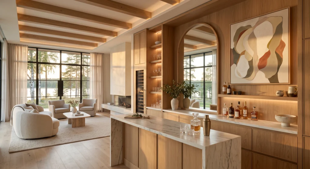 A refined Scandinavian home bar featuring a large arched European white oak framed mirror above a bespoke built-in oak cabinet. The mirror reflects warm sunset light, panoramic forest views, and elegant lounge furniture while visually expanding the room. Beside it hangs a museum-quality abstract artwork inspired by Nordic landscapes. Crystal glassware, marble surfaces, travertine accents, soft lighting, and handcrafted Scandinavian décor complete the sophisticated entertaining space.