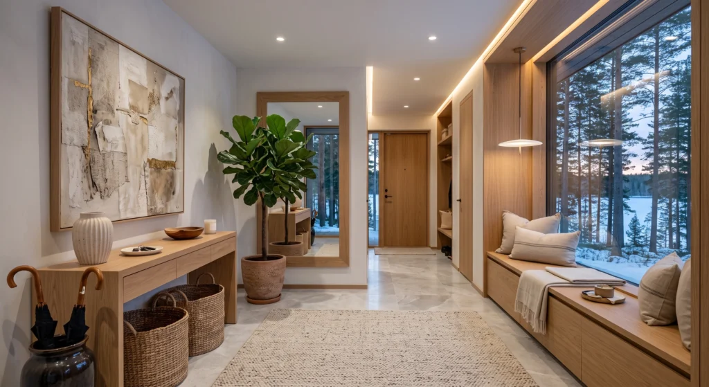 A luxury Scandinavian foyer with a sculptural ceramic umbrella stand holding elegant wooden-handled umbrellas, floating oak console, oversized mirror, cream runner rug, warm white walls, premium Nordic styling.